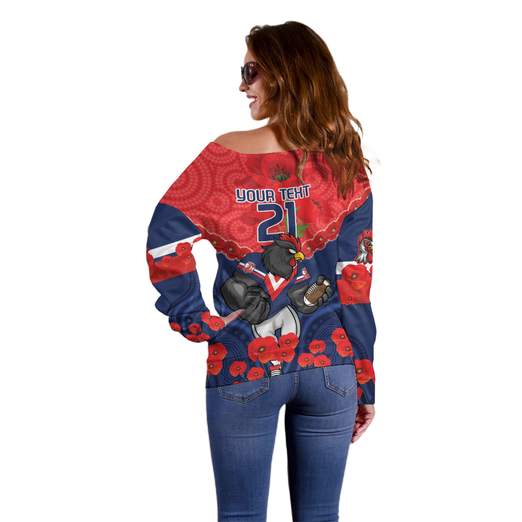 Custom Roosters Rugby ANZAC Off Shoulder Sweater Sydney Gallipoli Soldier With Aboriginal Art