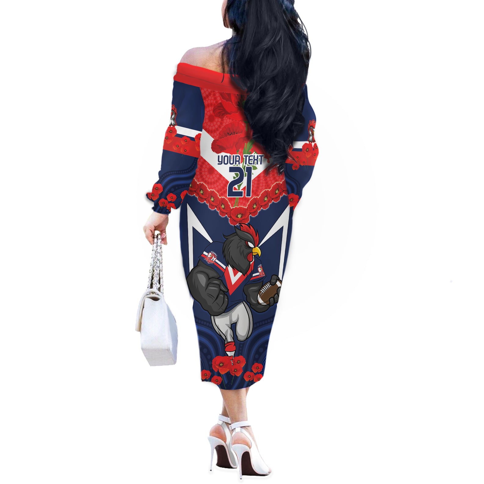 Custom Roosters Rugby ANZAC Off The Shoulder Long Sleeve Dress Sydney Gallipoli Soldier With Aboriginal Art