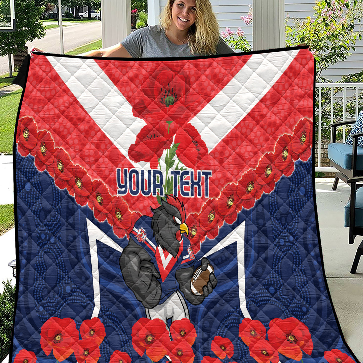 Custom Roosters Rugby ANZAC Quilt Sydney Gallipoli Soldier With Aboriginal Art