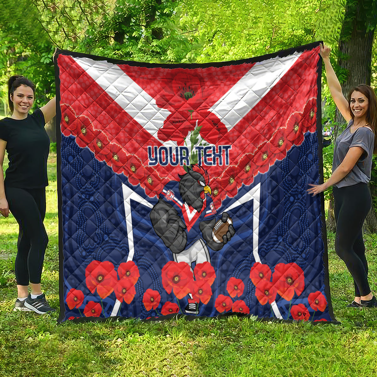 Custom Roosters Rugby ANZAC Quilt Sydney Gallipoli Soldier With Aboriginal Art