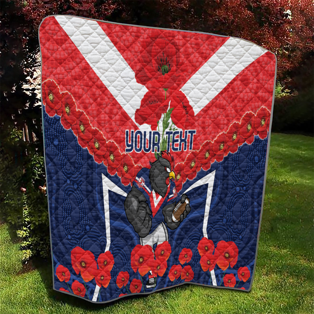 Custom Roosters Rugby ANZAC Quilt Sydney Gallipoli Soldier With Aboriginal Art