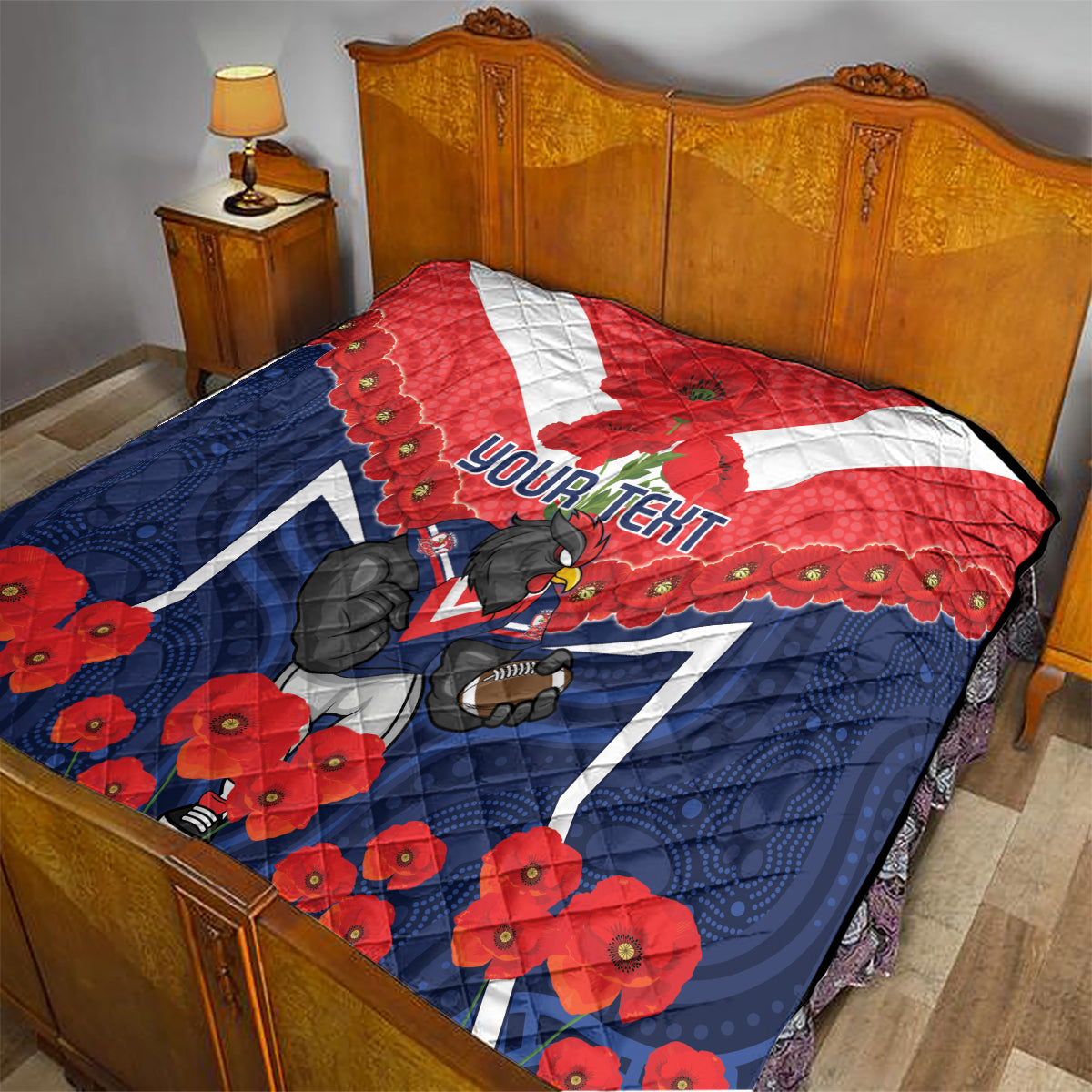 Custom Roosters Rugby ANZAC Quilt Sydney Gallipoli Soldier With Aboriginal Art