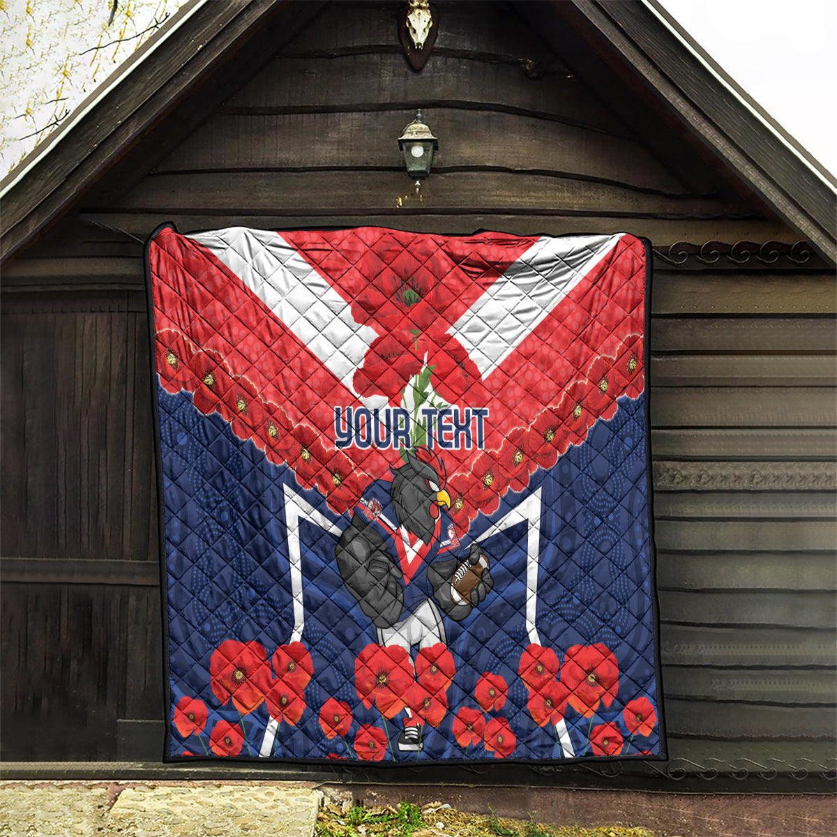 Custom Roosters Rugby ANZAC Quilt Sydney Gallipoli Soldier With Aboriginal Art