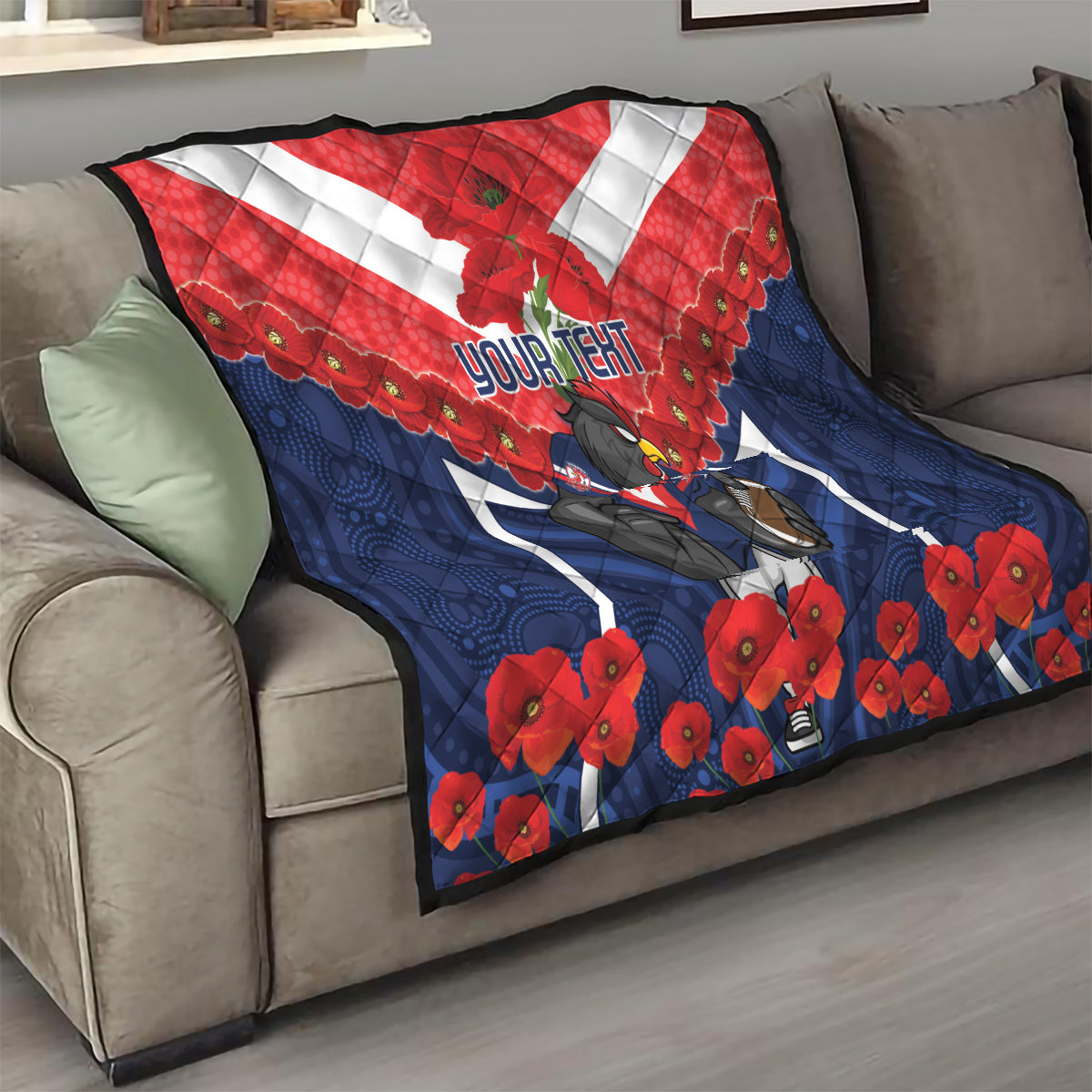 Custom Roosters Rugby ANZAC Quilt Sydney Gallipoli Soldier With Aboriginal Art