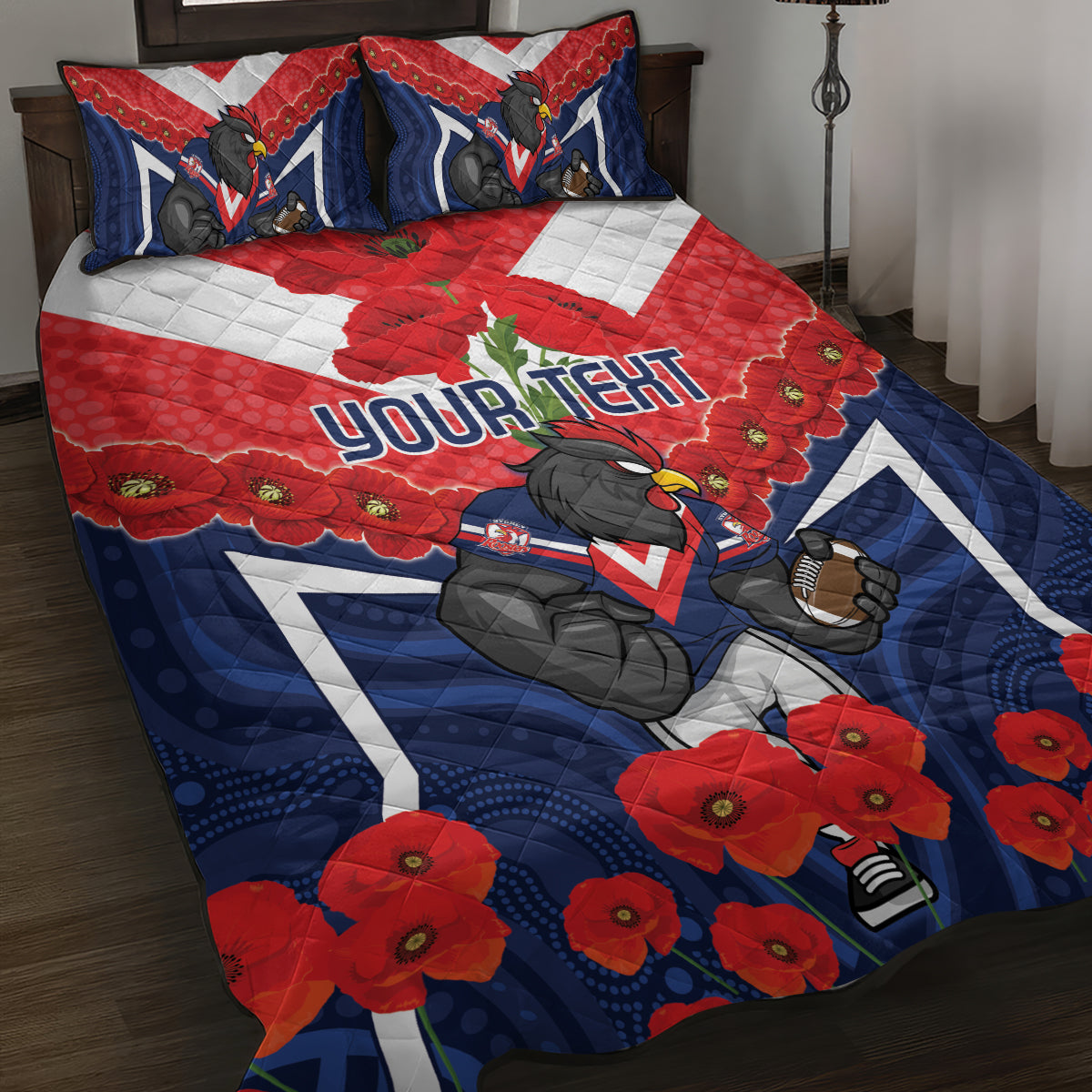 Custom Roosters Rugby ANZAC Quilt Bed Set Sydney Gallipoli Soldier With Aboriginal Art