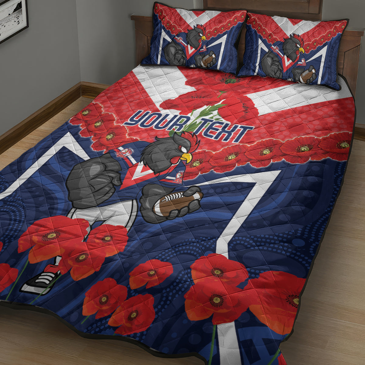 Custom Roosters Rugby ANZAC Quilt Bed Set Sydney Gallipoli Soldier With Aboriginal Art