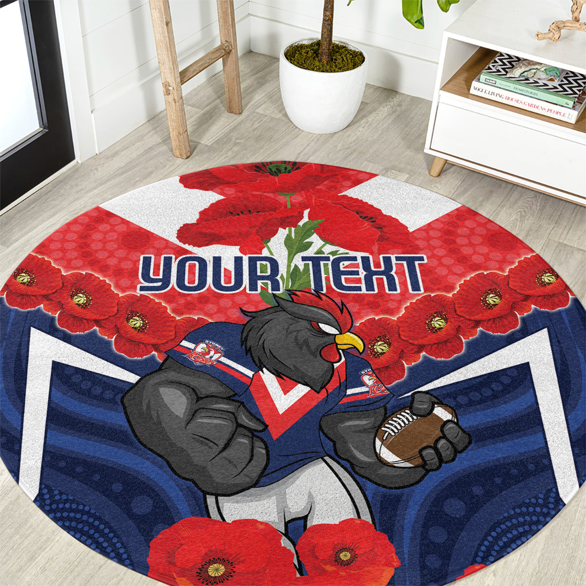 Custom Roosters Rugby ANZAC Round Carpet Sydney Gallipoli Soldier With Aboriginal Art