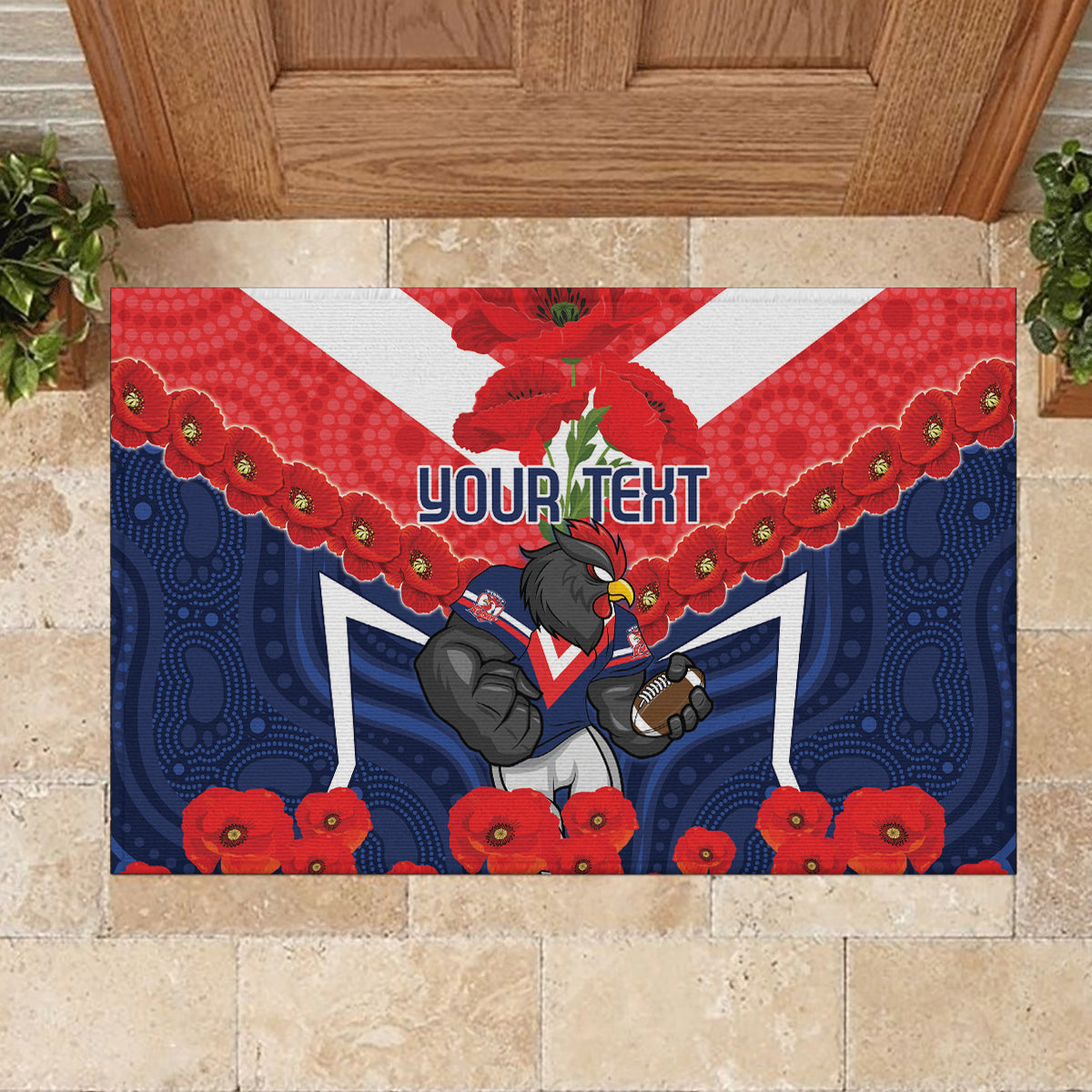 Custom Roosters Rugby ANZAC Rubber Doormat Sydney Gallipoli Soldier With Aboriginal Art