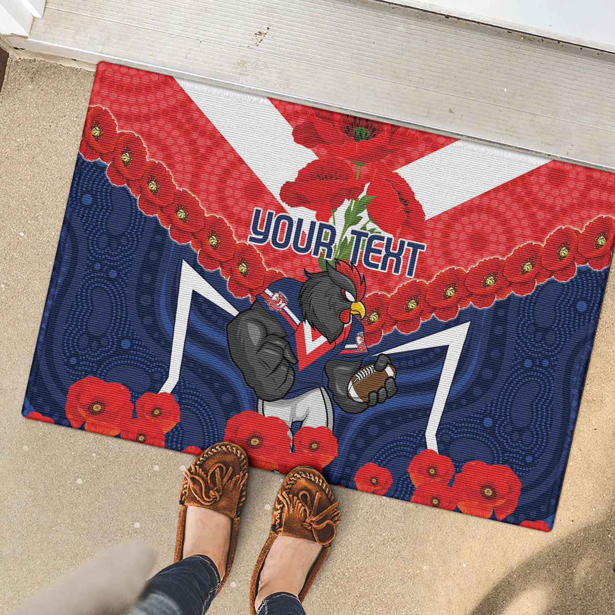 Custom Roosters Rugby ANZAC Rubber Doormat Sydney Gallipoli Soldier With Aboriginal Art