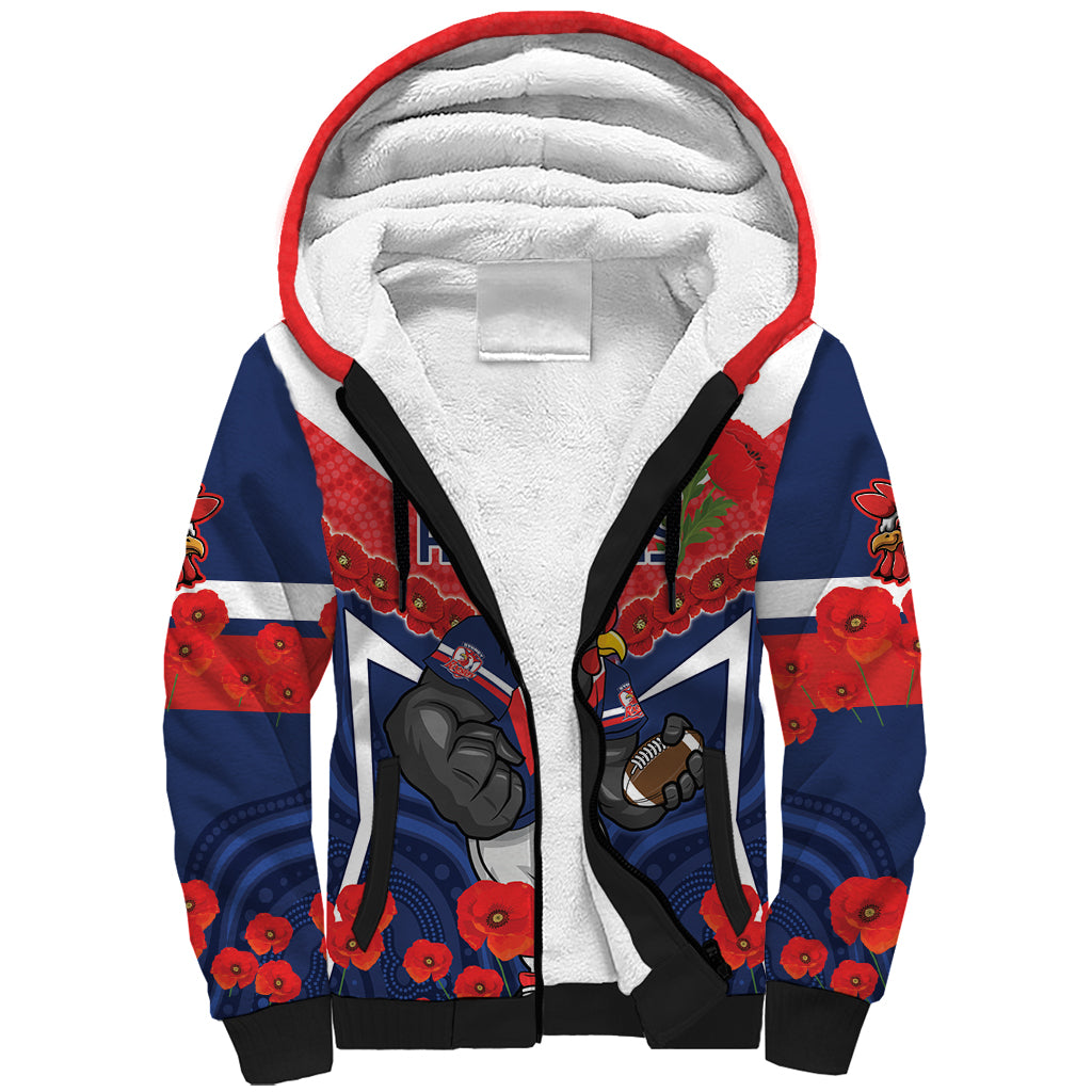 Custom Roosters Rugby ANZAC Sherpa Hoodie Sydney Gallipoli Soldier With Aboriginal Art