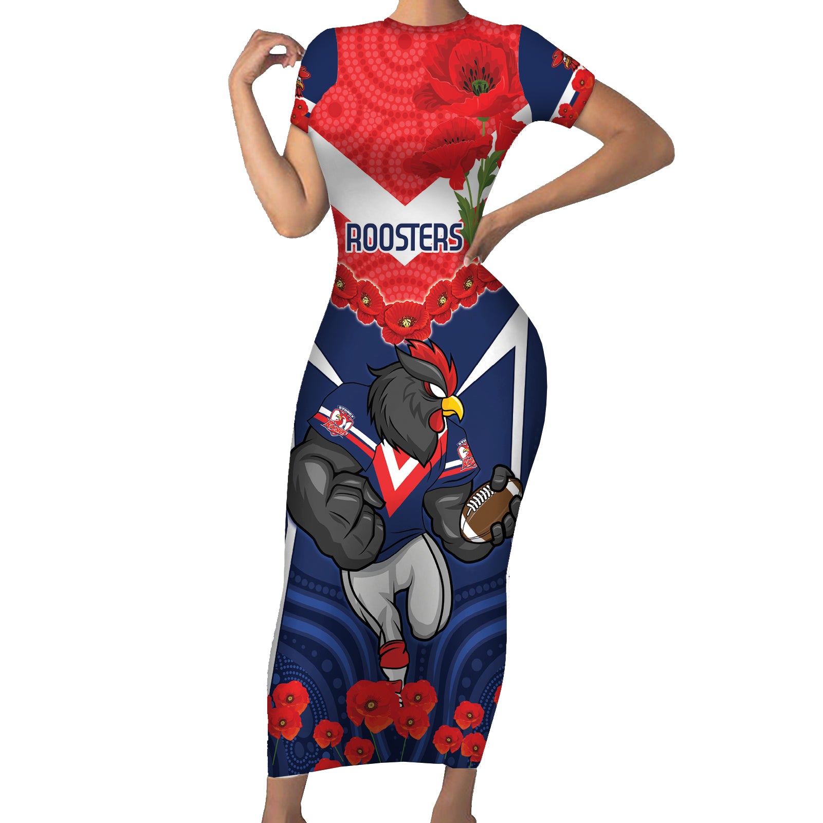 Custom Roosters Rugby ANZAC Short Sleeve Bodycon Dress Sydney Gallipoli Soldier With Aboriginal Art