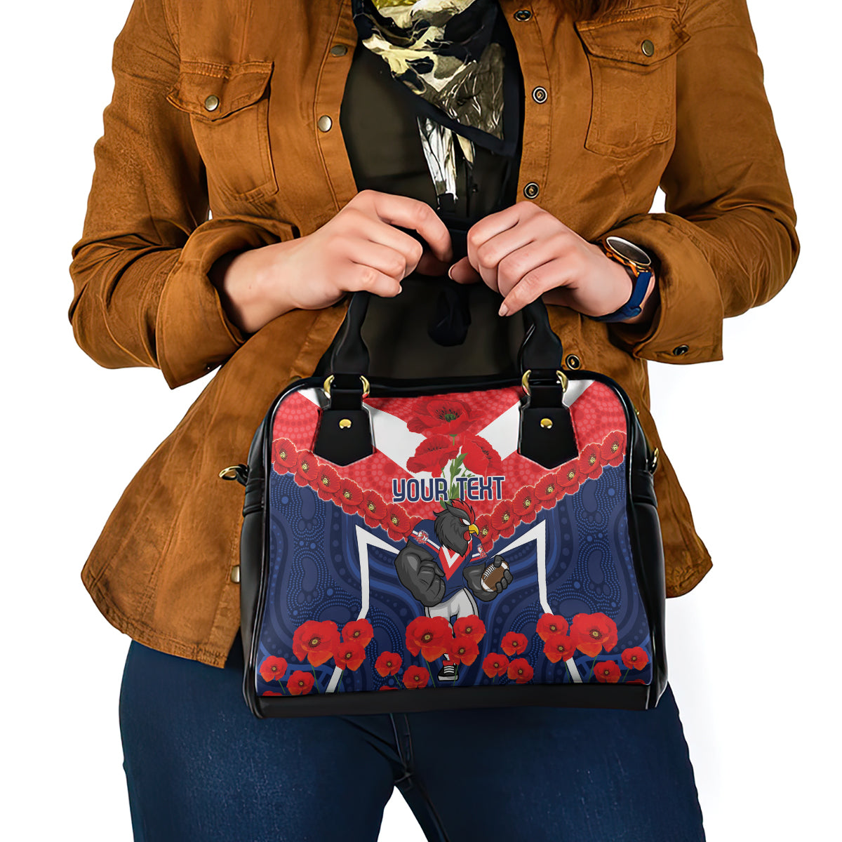 Custom Roosters Rugby ANZAC Shoulder Handbag Sydney Gallipoli Soldier With Aboriginal Art