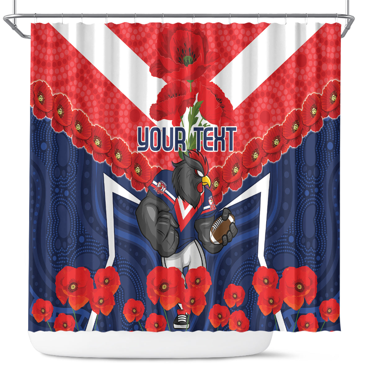 Custom Roosters Rugby ANZAC Shower Curtain Sydney Gallipoli Soldier With Aboriginal Art