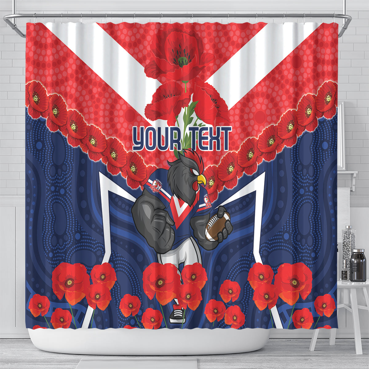 Custom Roosters Rugby ANZAC Shower Curtain Sydney Gallipoli Soldier With Aboriginal Art