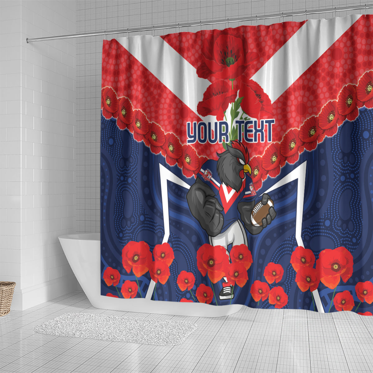 Custom Roosters Rugby ANZAC Shower Curtain Sydney Gallipoli Soldier With Aboriginal Art