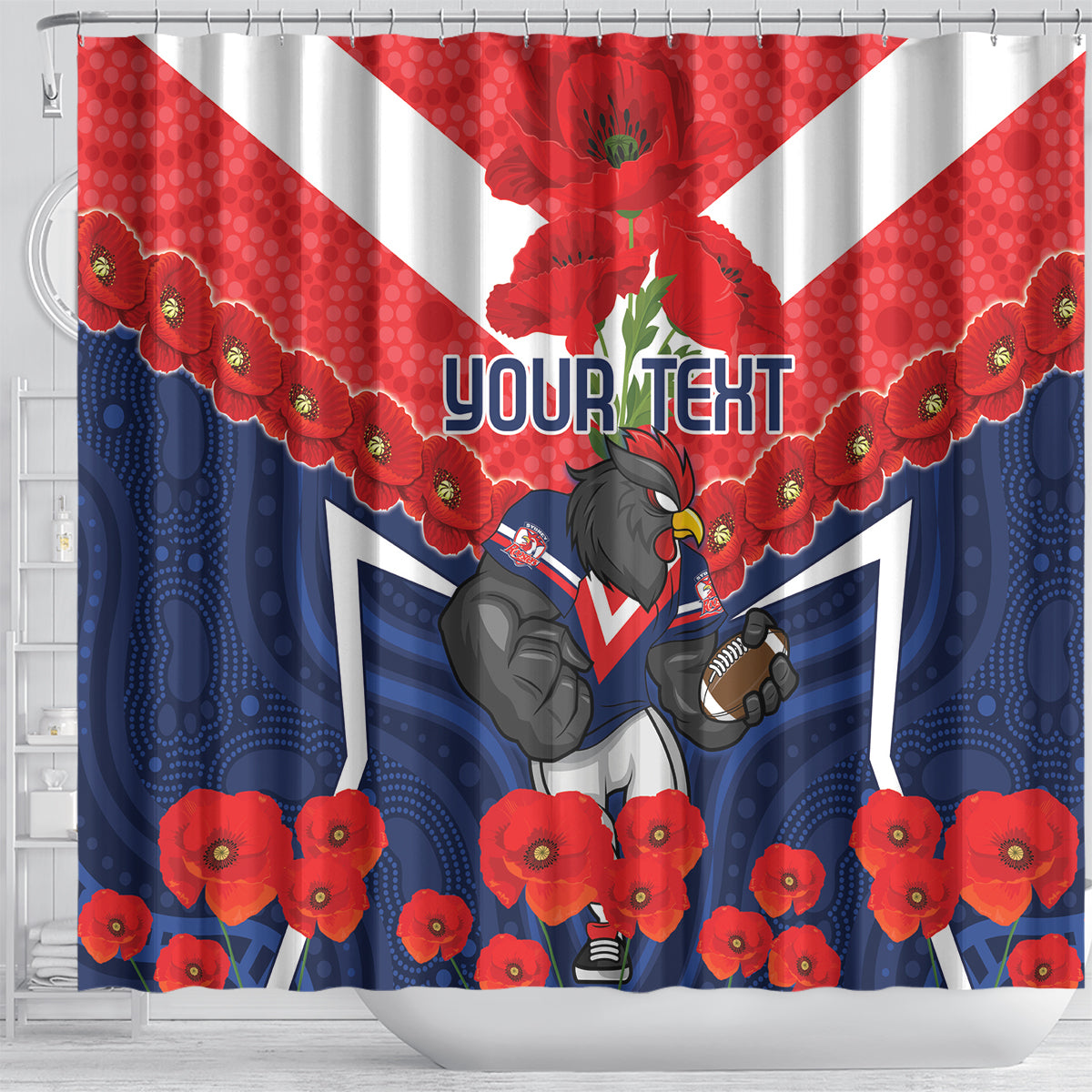 Custom Roosters Rugby ANZAC Shower Curtain Sydney Gallipoli Soldier With Aboriginal Art