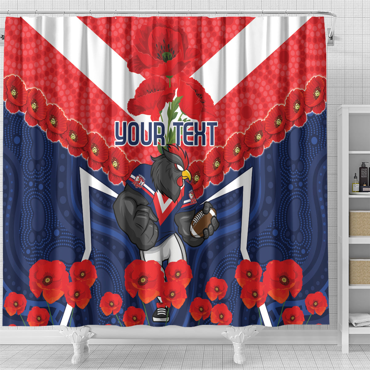 Custom Roosters Rugby ANZAC Shower Curtain Sydney Gallipoli Soldier With Aboriginal Art