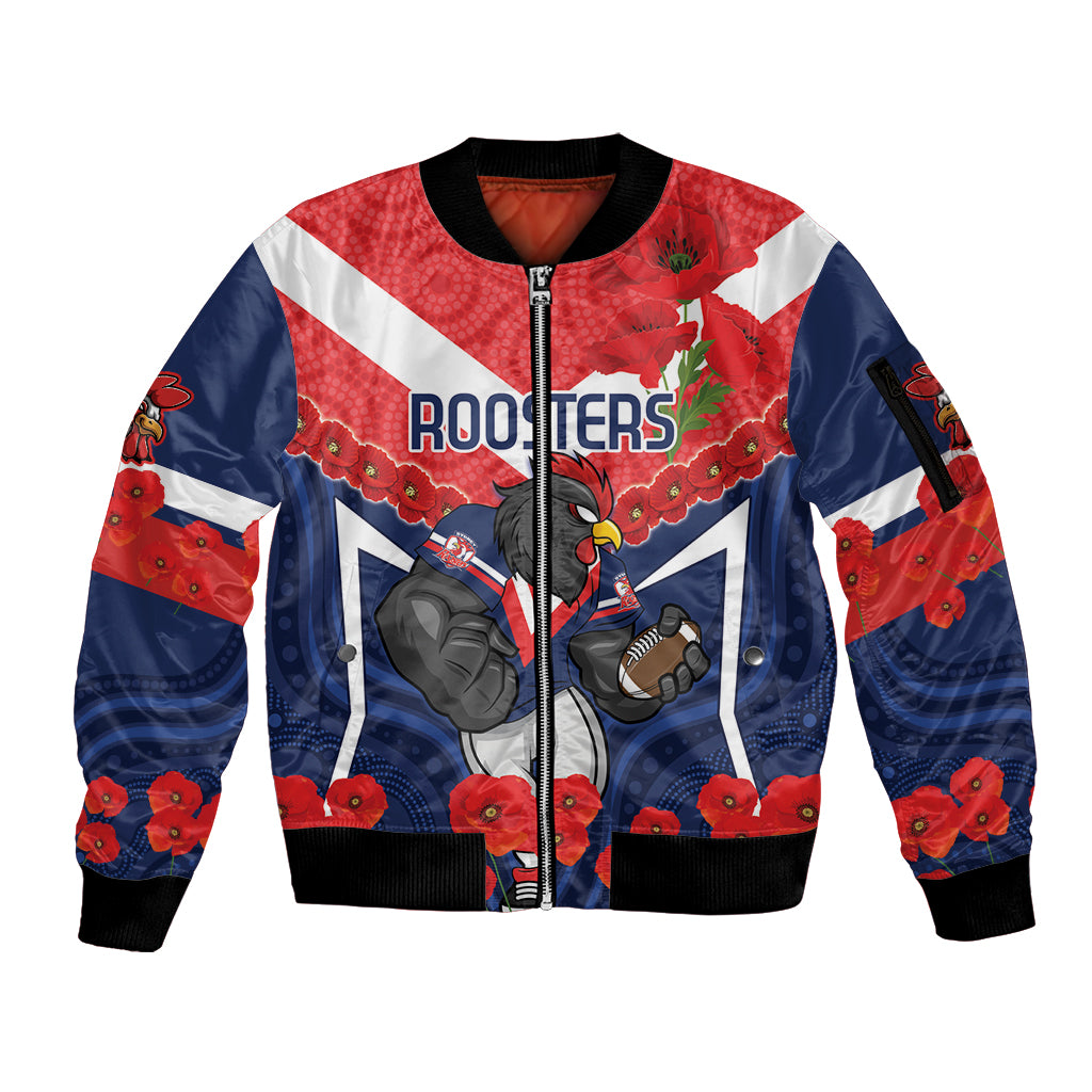 Custom Roosters Rugby ANZAC Sleeve Zip Bomber Jacket Sydney Gallipoli Soldier With Aboriginal Art