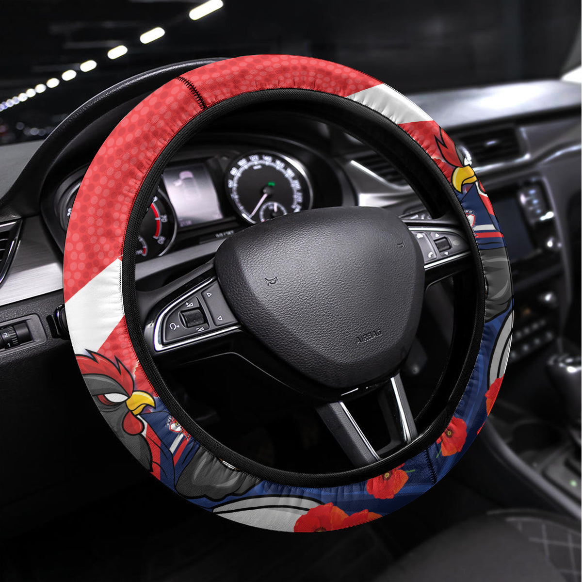 Custom Roosters Rugby ANZAC Steering Wheel Cover Sydney Gallipoli Soldier With Aboriginal Art