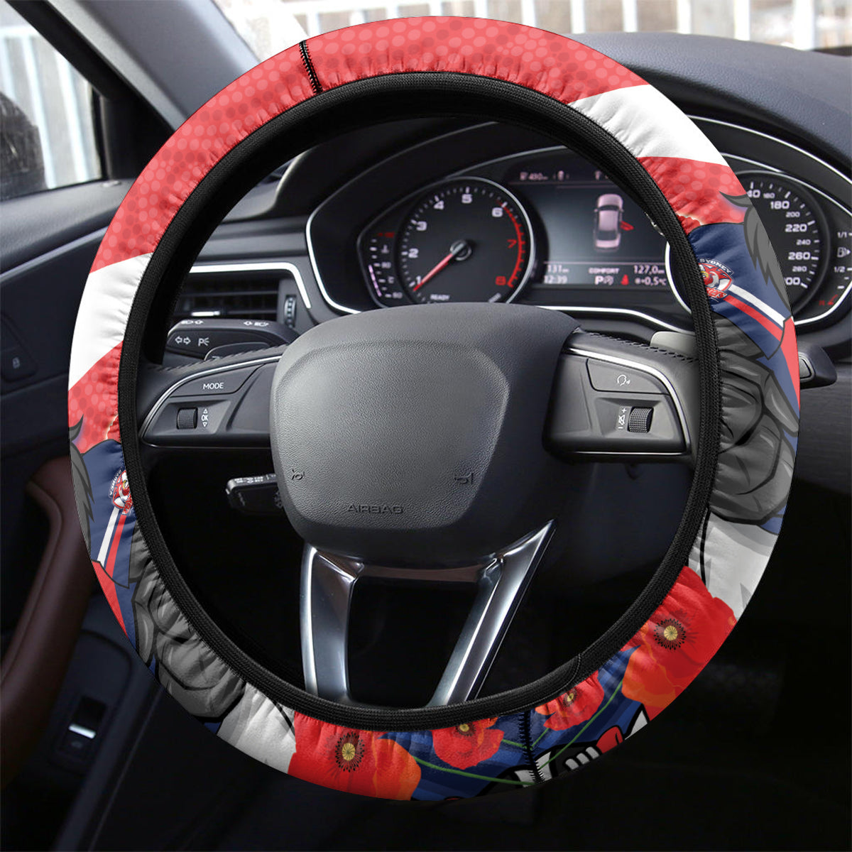 Custom Roosters Rugby ANZAC Steering Wheel Cover Sydney Gallipoli Soldier With Aboriginal Art