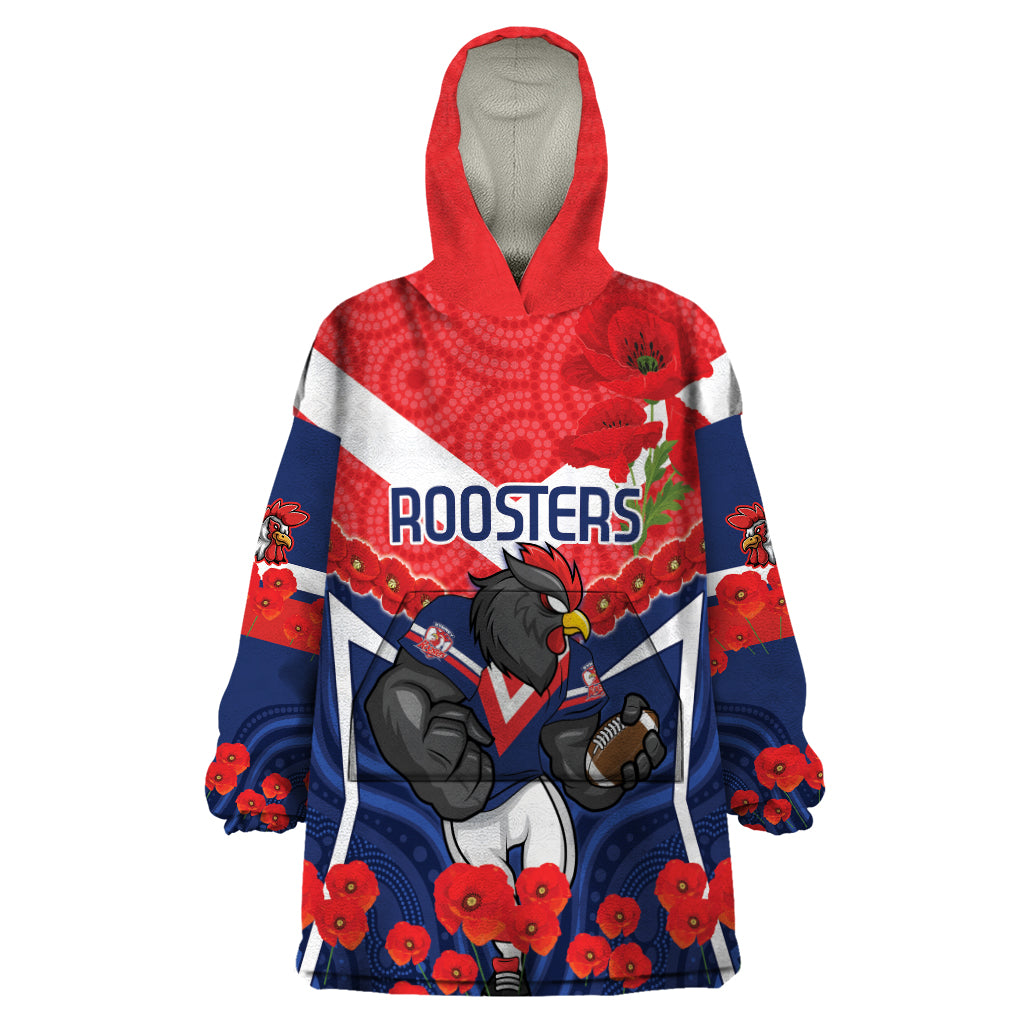 Custom Roosters Rugby ANZAC Wearable Blanket Hoodie Sydney Gallipoli Soldier With Aboriginal Art