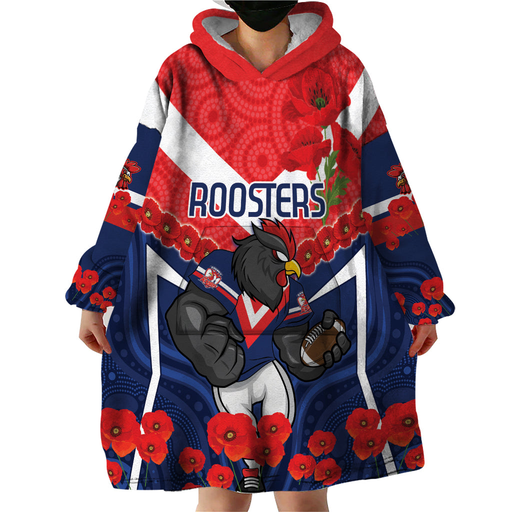 Custom Roosters Rugby ANZAC Wearable Blanket Hoodie Sydney Gallipoli Soldier With Aboriginal Art