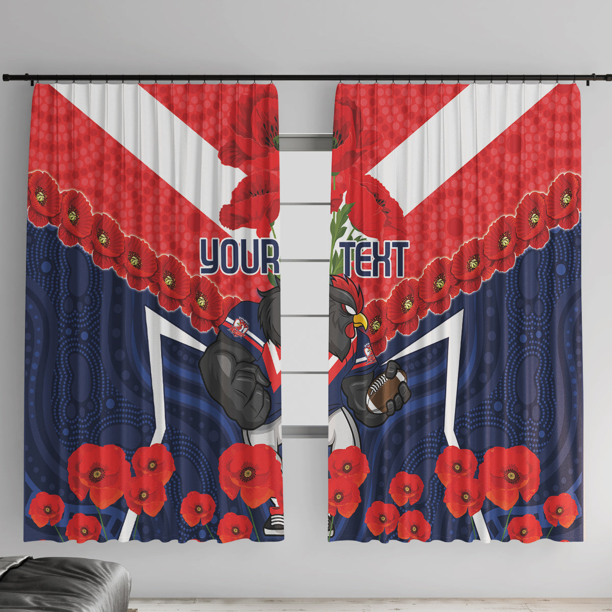 Custom Roosters Rugby ANZAC Window Curtain Sydney Gallipoli Soldier With Aboriginal Art