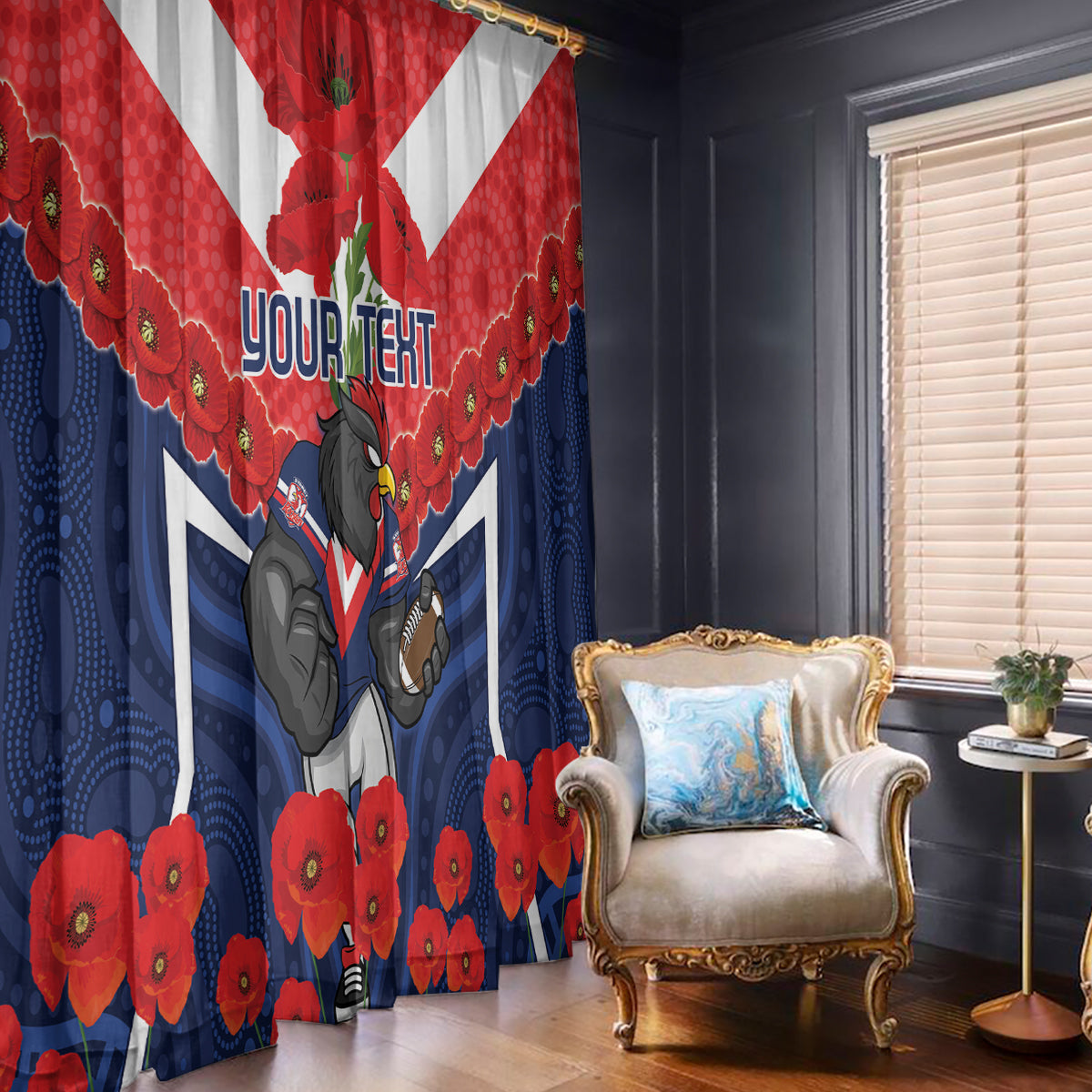 Custom Roosters Rugby ANZAC Window Curtain Sydney Gallipoli Soldier With Aboriginal Art