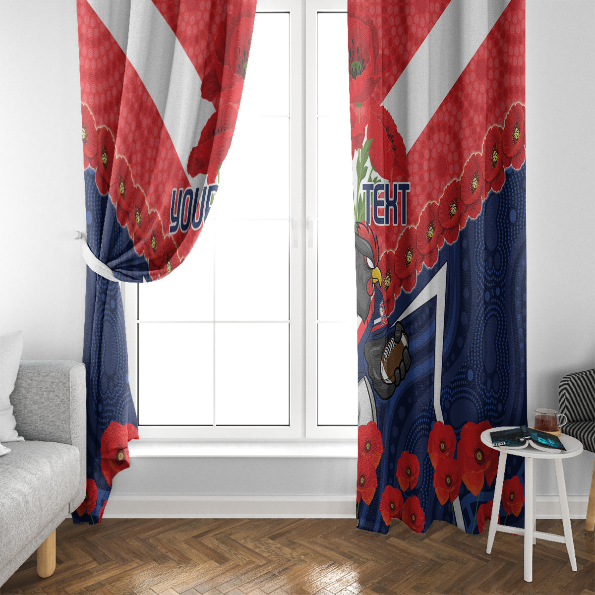 Custom Roosters Rugby ANZAC Window Curtain Sydney Gallipoli Soldier With Aboriginal Art