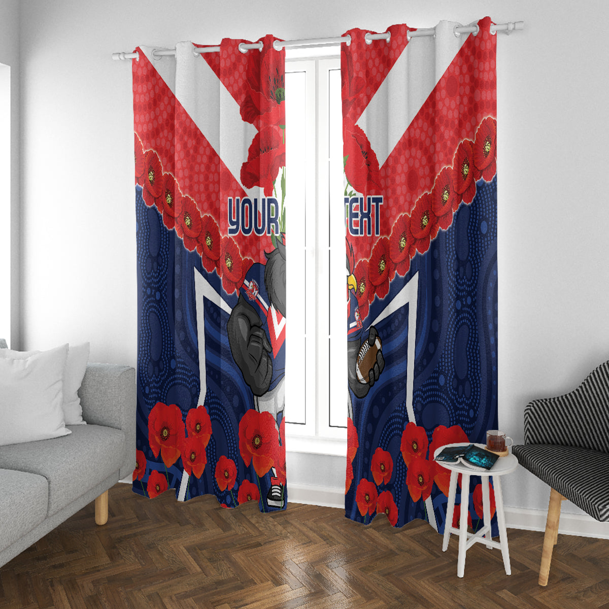 Custom Roosters Rugby ANZAC Window Curtain Sydney Gallipoli Soldier With Aboriginal Art