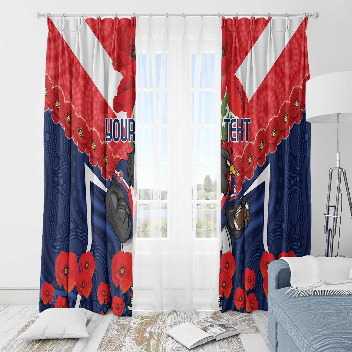 Custom Roosters Rugby ANZAC Window Curtain Sydney Gallipoli Soldier With Aboriginal Art