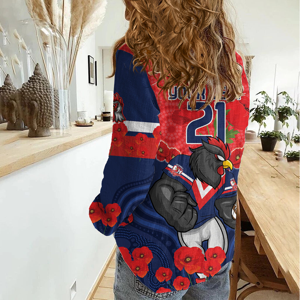 Custom Roosters Rugby ANZAC Women Casual Shirt Sydney Gallipoli Soldier With Aboriginal Art