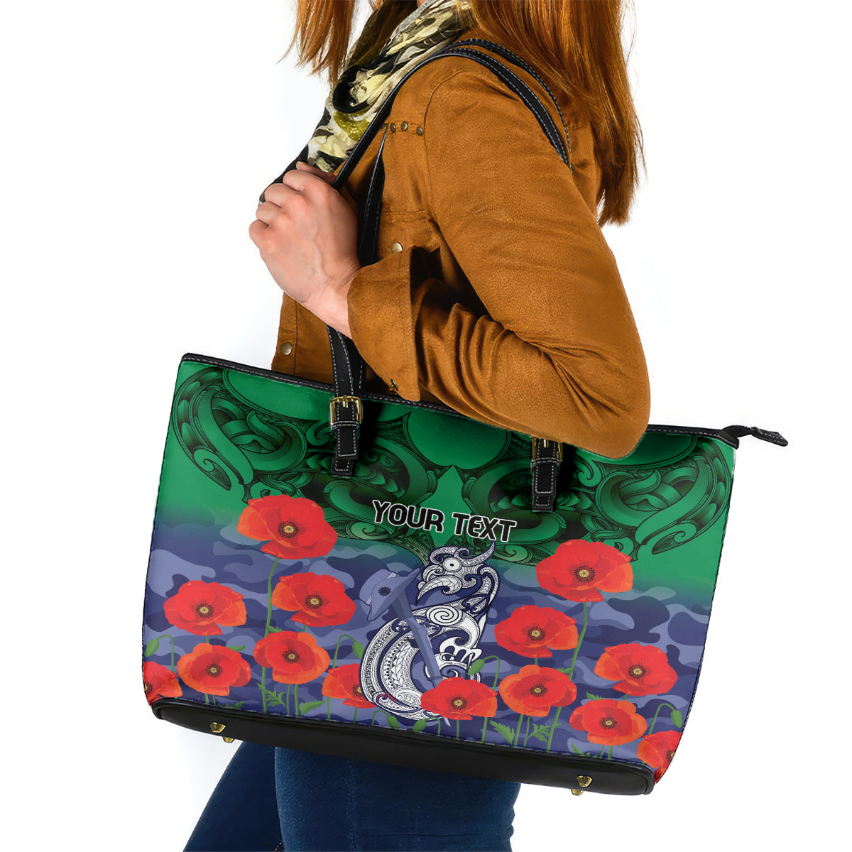 Custom Warriors Rugby ANZAC Leather Tote Bag Gallipoli Soldier With Aboriginal Art