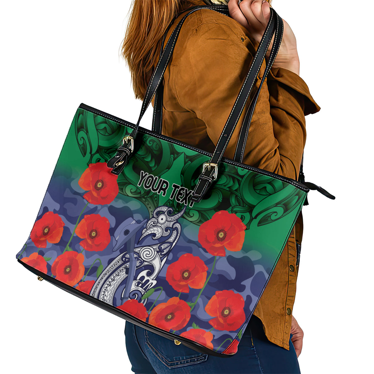 Custom Warriors Rugby ANZAC Leather Tote Bag Gallipoli Soldier With Aboriginal Art