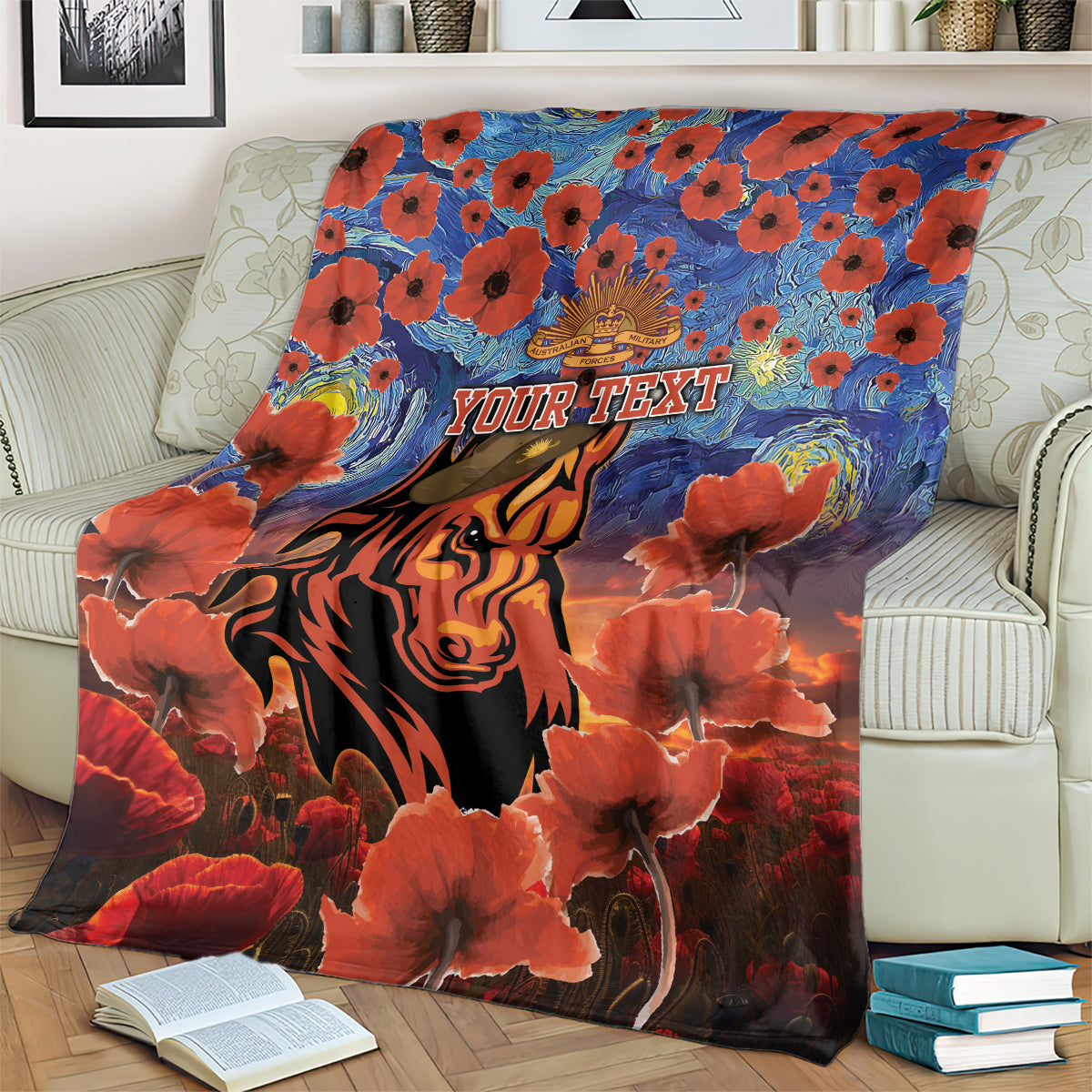 Personalised Broncos Rugby ANZAC Blanket Starry Night and Field of Poppies