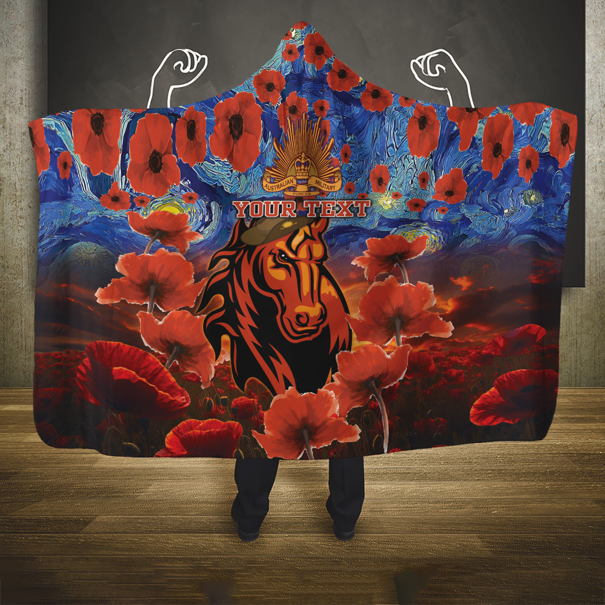 Personalised Broncos Rugby ANZAC Hooded Blanket Starry Night and Field of Poppies