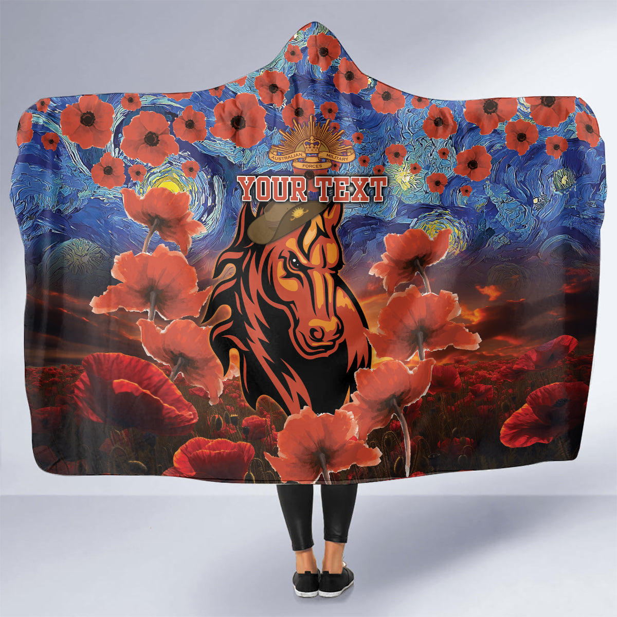 Personalised Broncos Rugby ANZAC Hooded Blanket Starry Night and Field of Poppies