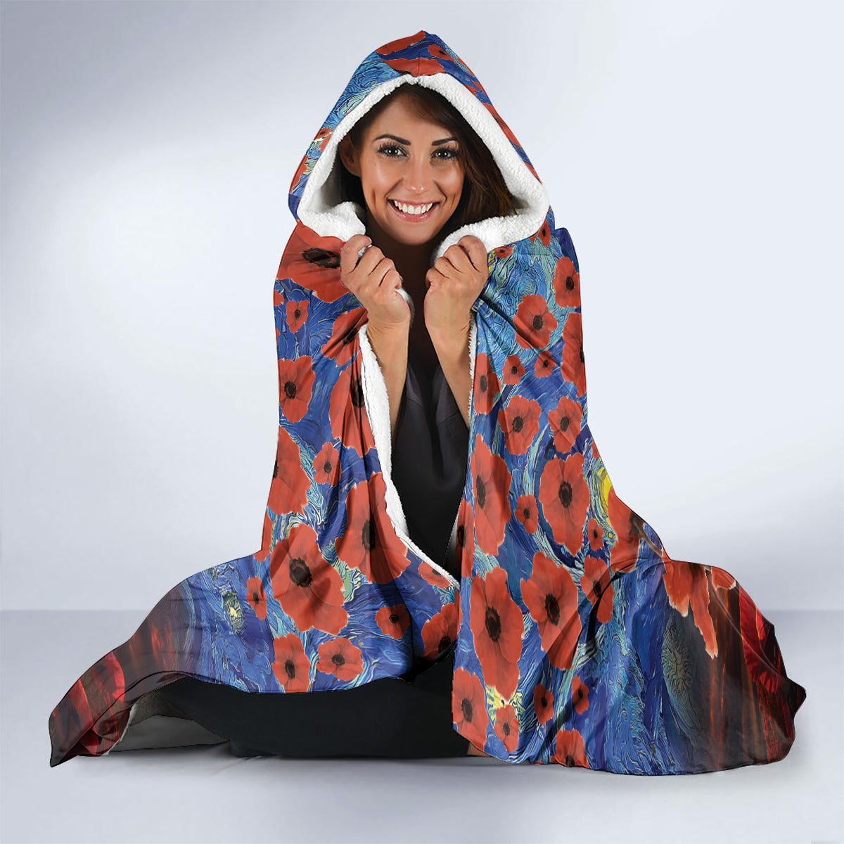 Personalised Broncos Rugby ANZAC Hooded Blanket Starry Night and Field of Poppies