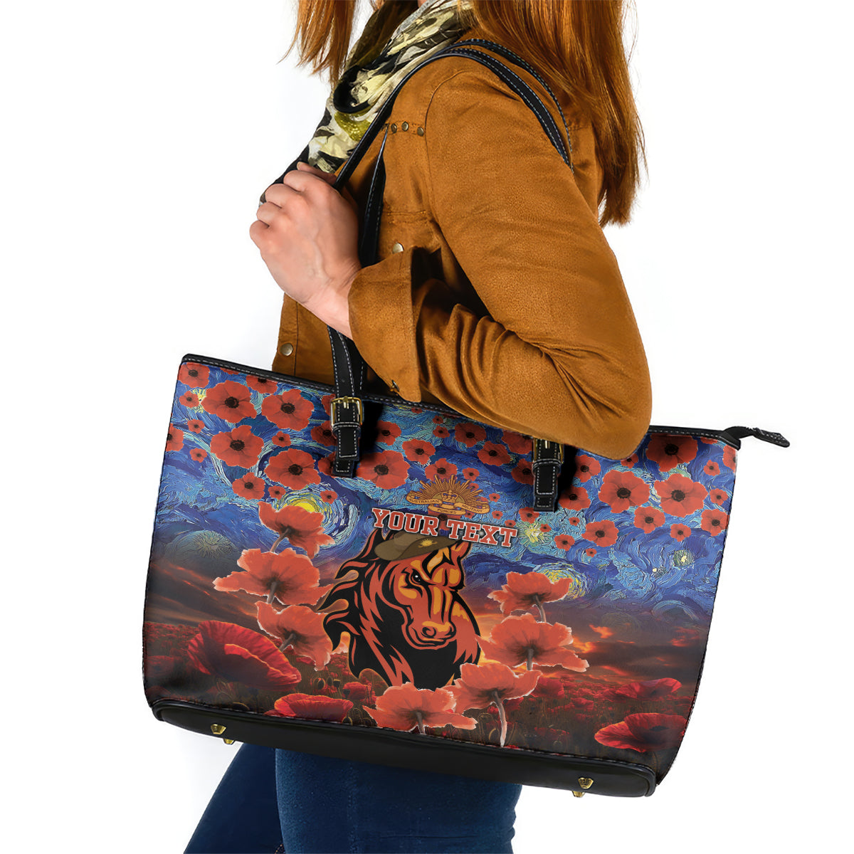 Personalised Broncos Rugby ANZAC Leather Tote Bag Starry Night and Field of Poppies