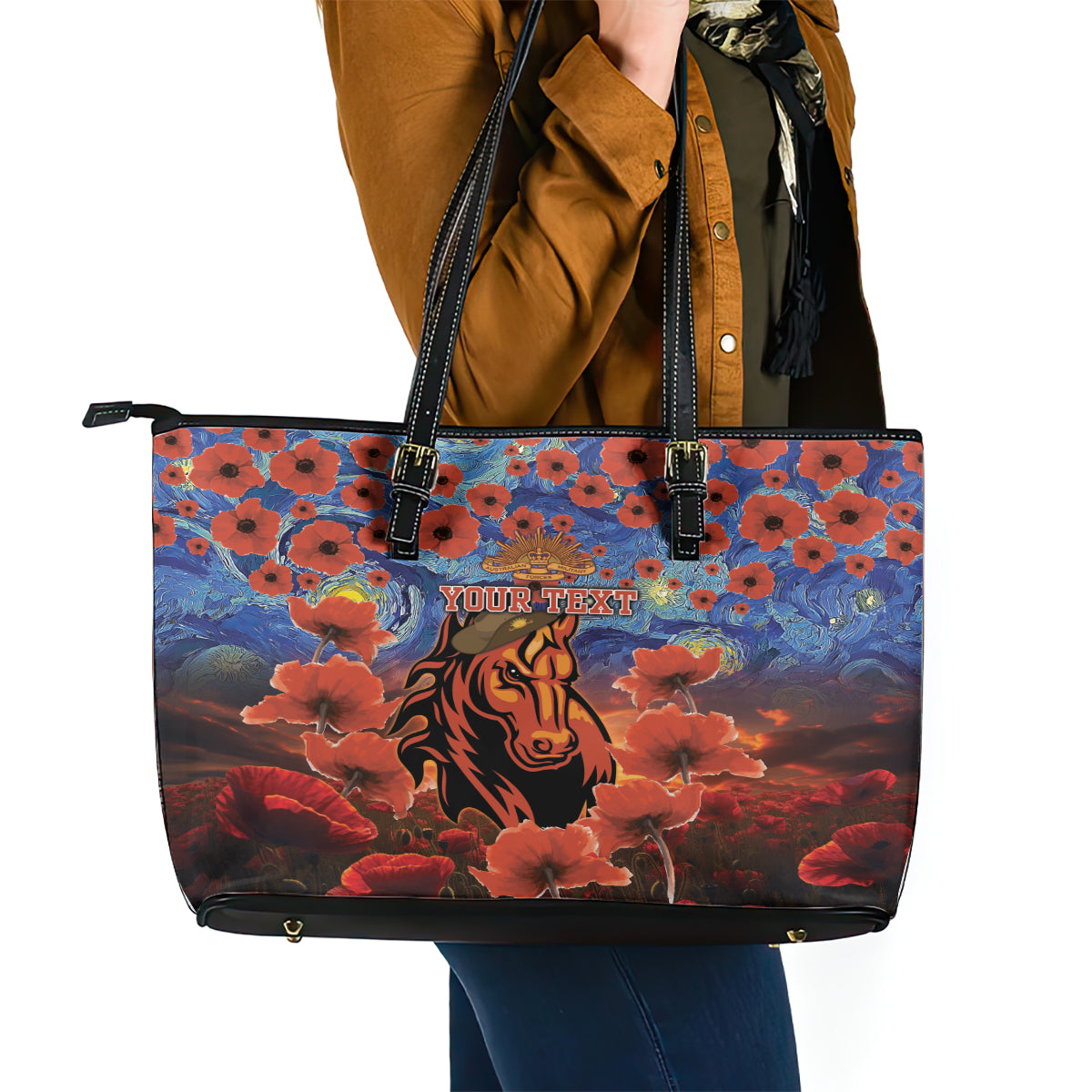 Personalised Broncos Rugby ANZAC Leather Tote Bag Starry Night and Field of Poppies