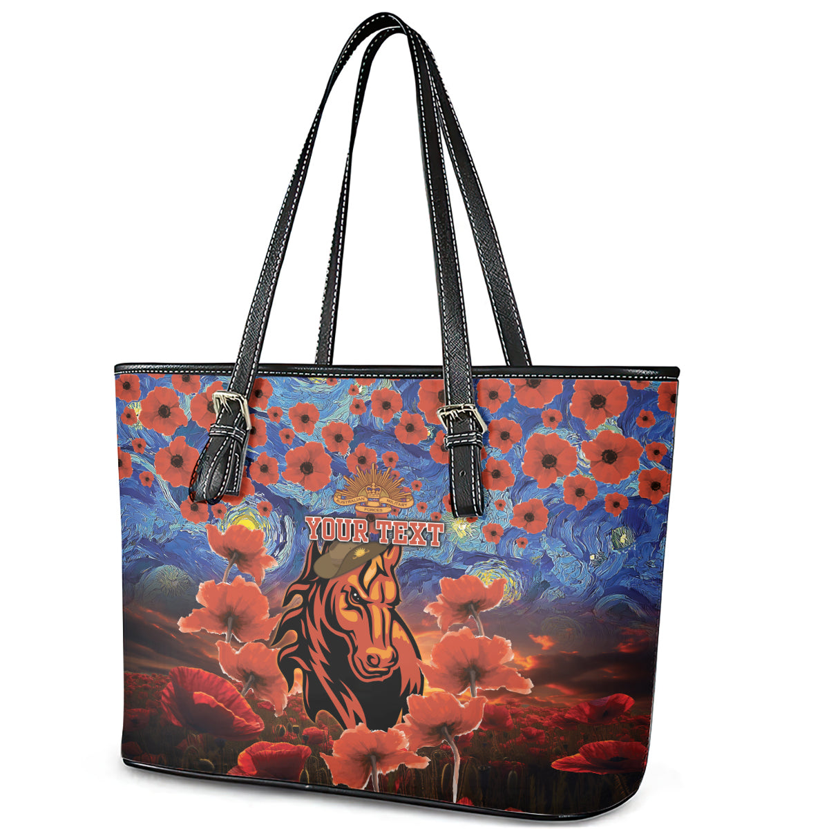 Personalised Broncos Rugby ANZAC Leather Tote Bag Starry Night and Field of Poppies