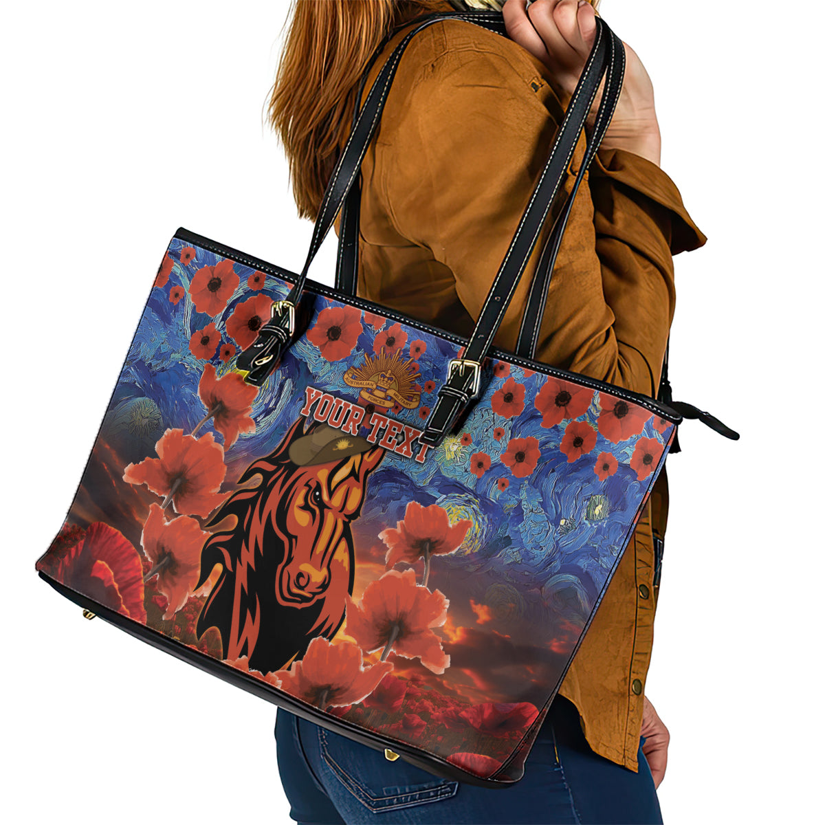 Personalised Broncos Rugby ANZAC Leather Tote Bag Starry Night and Field of Poppies