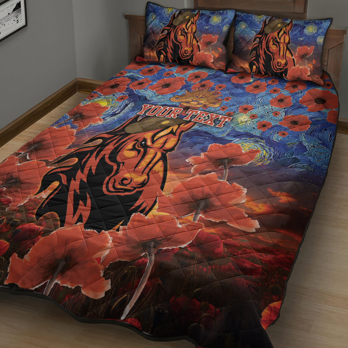 Personalised Broncos Rugby ANZAC Quilt Bed Set Starry Night and Field of Poppies