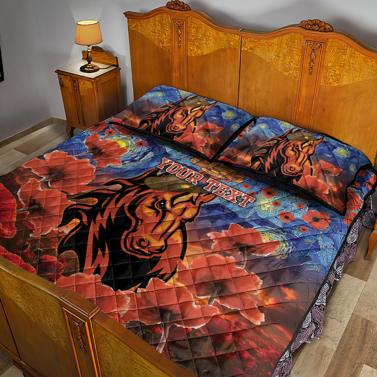 Personalised Broncos Rugby ANZAC Quilt Bed Set Starry Night and Field of Poppies