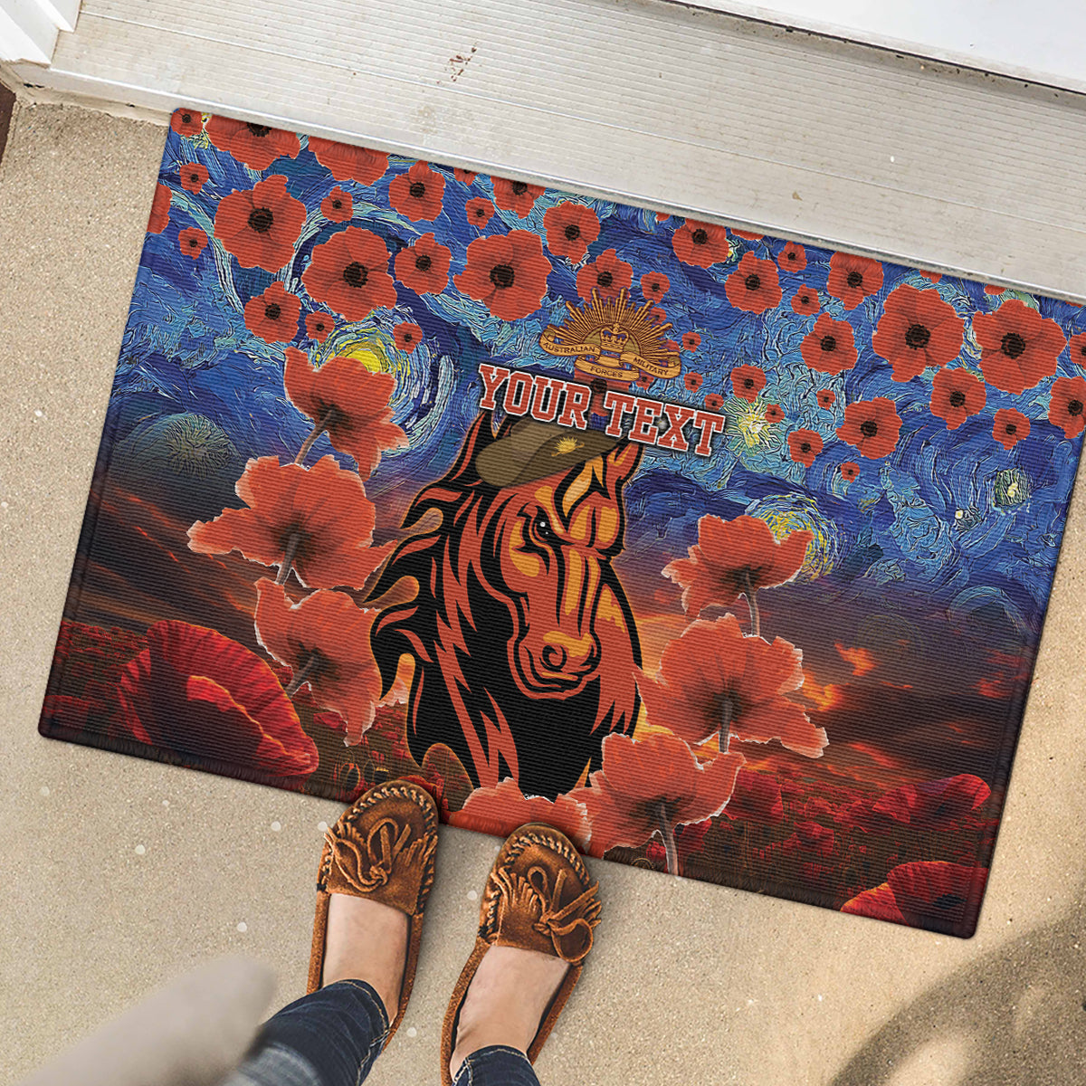 Personalised Broncos Rugby ANZAC Rubber Doormat Starry Night and Field of Poppies