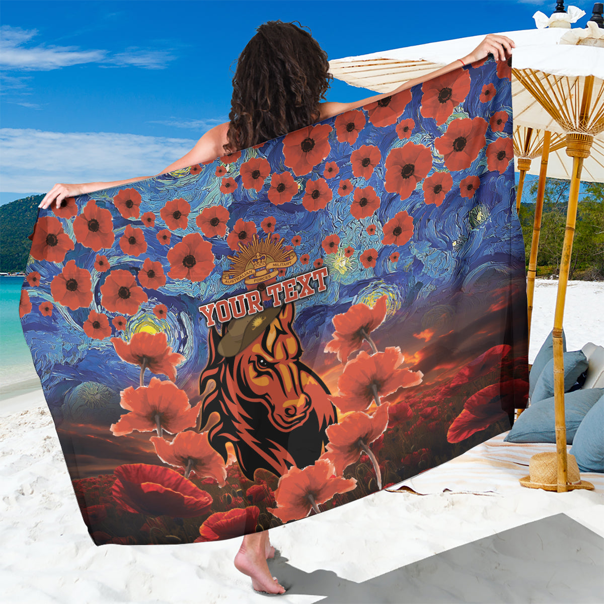 Personalised Broncos Rugby ANZAC Sarong Starry Night and Field of Poppies