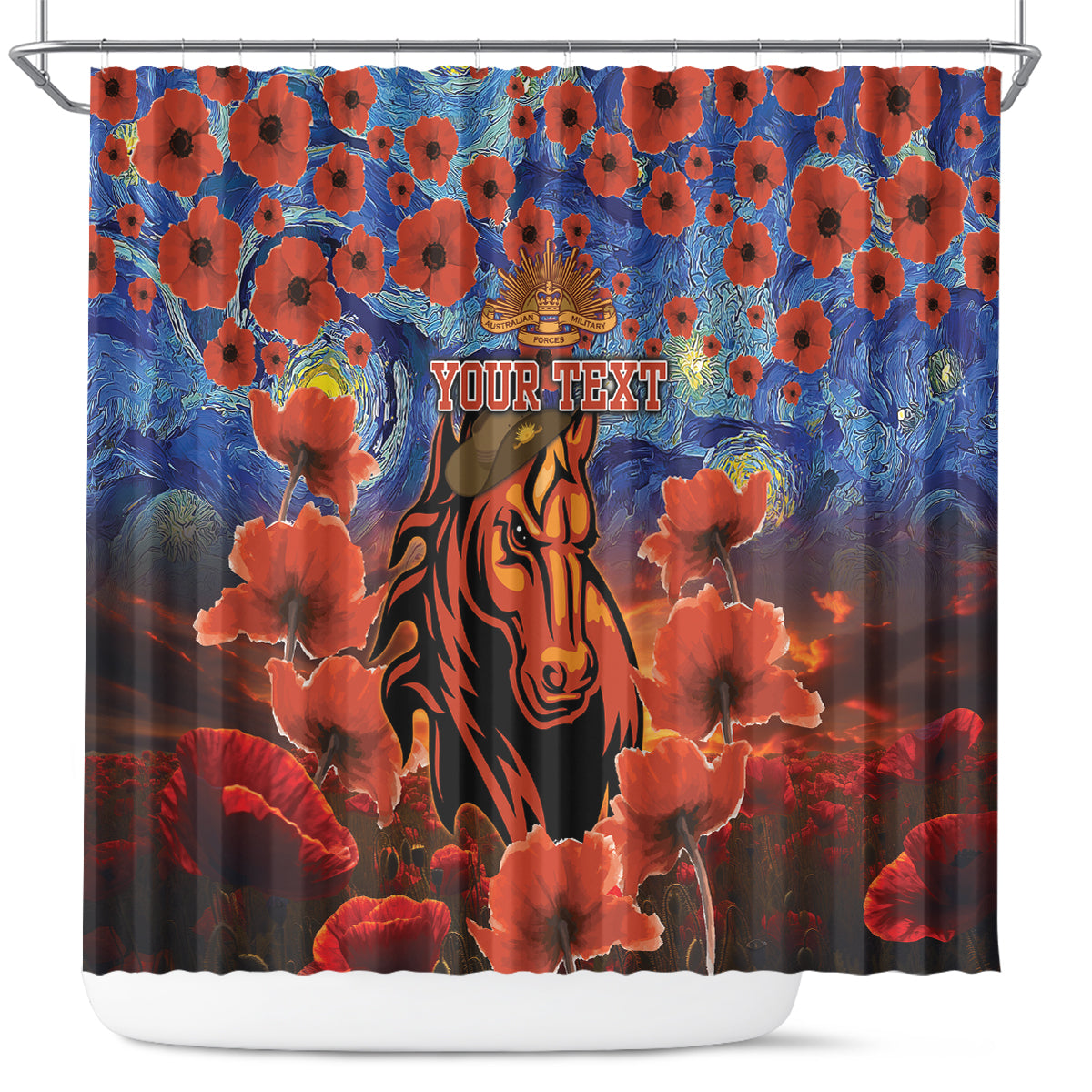 Personalised Broncos Rugby ANZAC Shower Curtain Starry Night and Field of Poppies