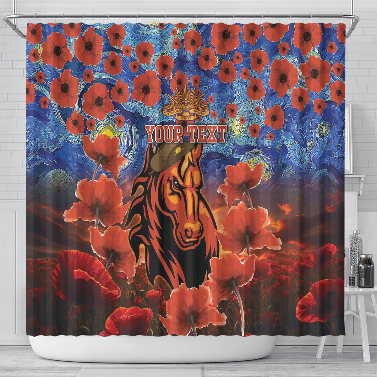 Personalised Broncos Rugby ANZAC Shower Curtain Starry Night and Field of Poppies