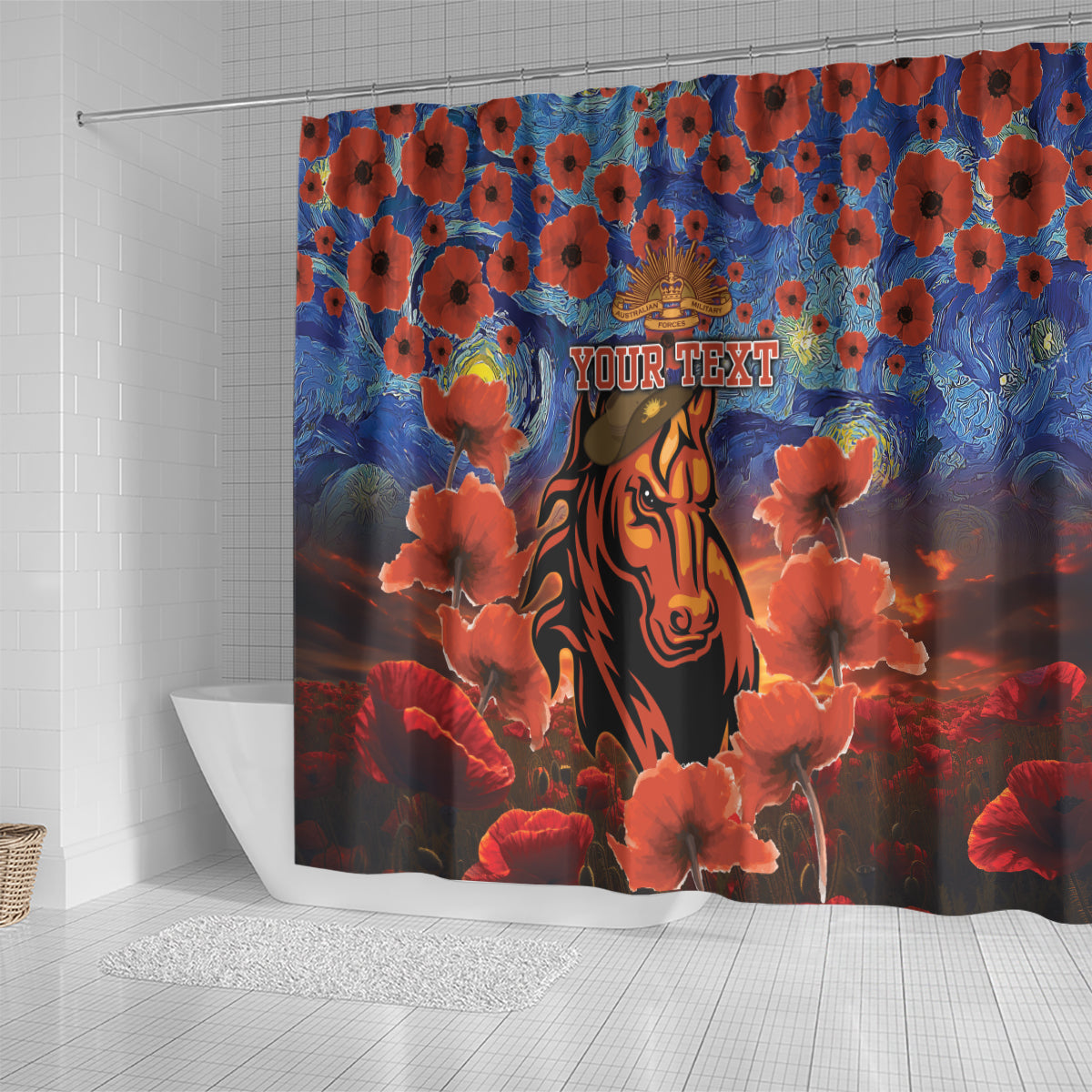 Personalised Broncos Rugby ANZAC Shower Curtain Starry Night and Field of Poppies