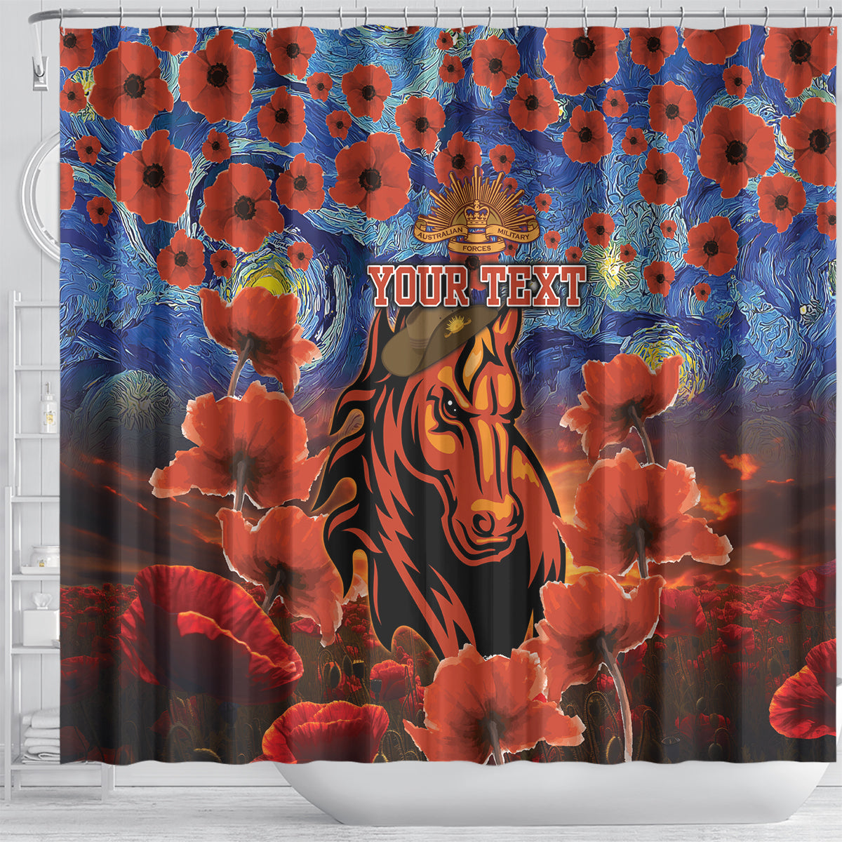 Personalised Broncos Rugby ANZAC Shower Curtain Starry Night and Field of Poppies